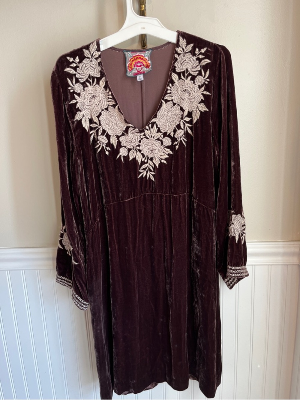Johnny Was Santal Velvet Embroidered Long Sleeve Dress, Brown Purple, XS - Boho